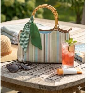 G.H. Bass Coastal Striped Canvas Tote Genuine Bamboo Handle Scarf